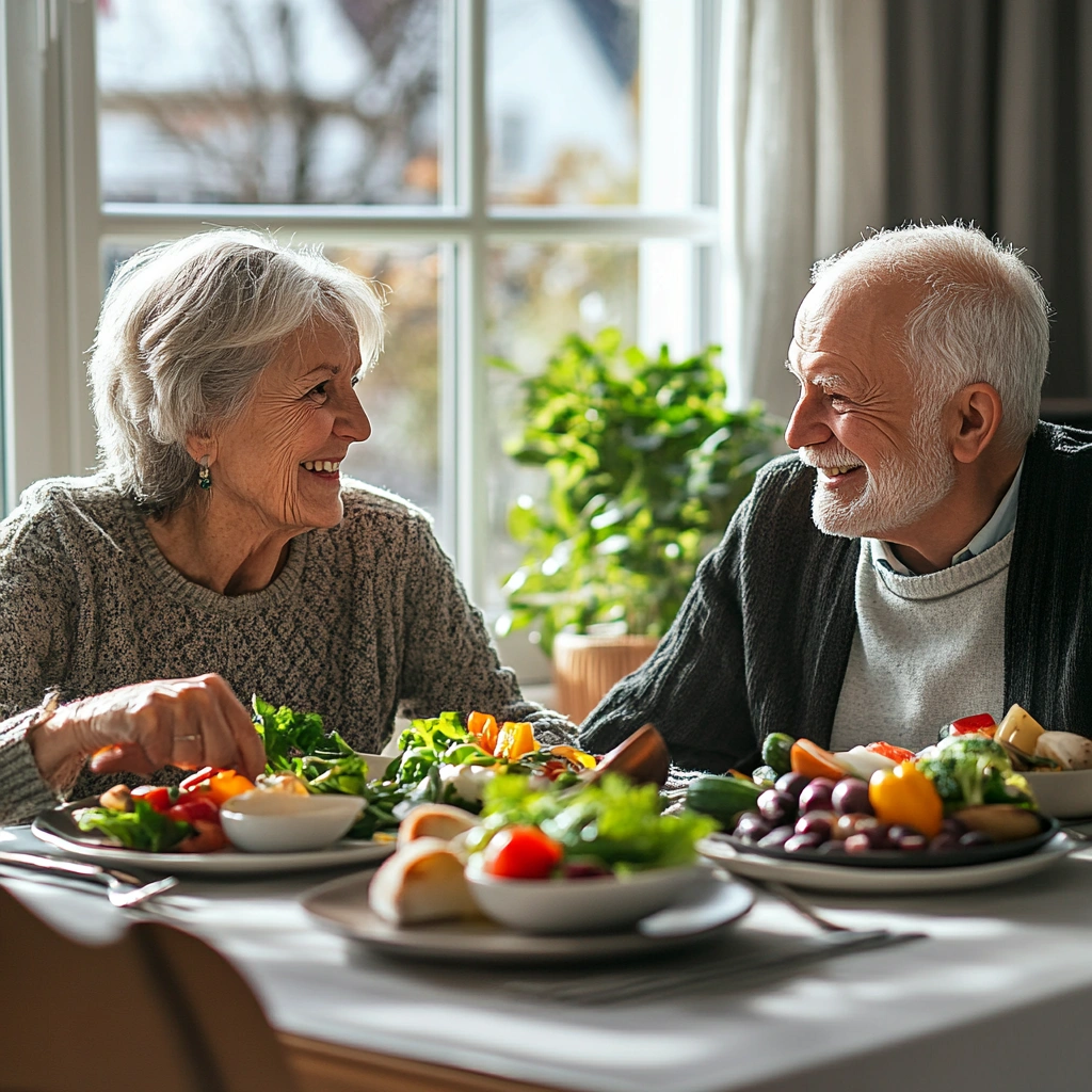 Щасливі літні люди насолоджуються здоровою їжею